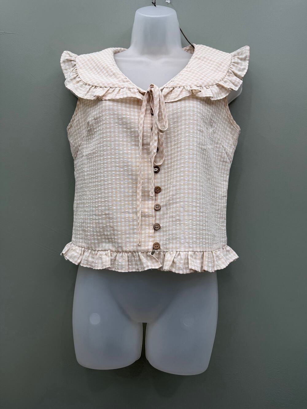 Gingham Ruffle Sailor Collar Blouse S Cottagecore Coquette Tie Front Top